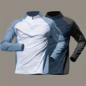 Resim 2 adet Erkek Yarım Fermuar Uzun Kollu Atletik Üst - Stand Collar ile Nefes Alabilen Nem Alabilen Kumaş, Fermuarlı Cep, Tüm Mevsimler İçin Spor Salonu, Koşu, Yürüyüş ve Açık Hava Eğitimi İçin Egzersiz Tişörtleri (Siyah/Mavi, Gri/Siyah), Egzersiz Giysileri, Spor Salonu Giyim, Şık Tasarım, Dayanıklı Spor Giyim 