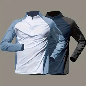 Resim 2 adet Erkek Yarım Fermuar Uzun Kollu Atletik Üst - Stand Collar ile Nefes Alabilen Nem Alabilen Kumaş, Fermuarlı Cep, Tüm Mevsimler İçin Spor Salonu, Koşu, Yürüyüş ve Açık Hava Eğitimi İçin Egzersiz Tişörtleri (Siyah/Mavi, Gri/Siyah), Egzersiz Giysileri, Spor Salonu Giyim, Şık Tasarım, Dayanıklı Spor Giyim 