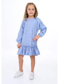Resim Toontoy Kız Çocuk Reglan Kol Fırfır Büzgülü Elbise Mavi 