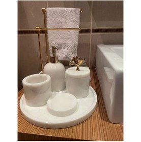 Resim Marmesan Beyaz Mermer 5'li Banyo Seti Gold Kapak. 