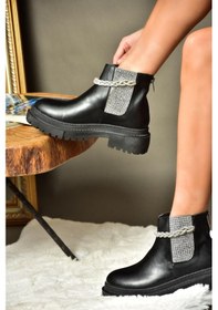 Resim Fox Shoes R726418209 Siyah Taşlı Kalın Tabanlı Kadın Bot Siyah 
