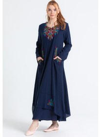 Resim Eliş Şile Bezi Uzun Kol Şile Bezi Nakışlı Antik Uzun Tesettür Otantik Elbise Lacivert Lcvt Lacivert 