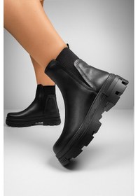Resim Günlük Kadın Bot Lastik Detay Fermuarlı Kalın Taban Postal 631 - 7444 Siyah Deri Cilt 