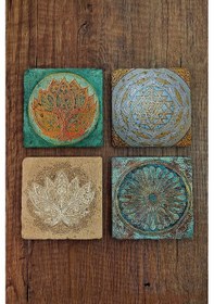 Resim Taş Bardak Altlığı Lotus, Siri Yantra Baskılı Baskılı 4'lü Set - Stone Coasters Çok Renkli 