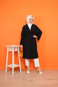 Resim CNG MODA Kadın Siyah Ayrobin Kuşaklı Kimono 
