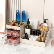 Resim Çoklu Bölümleri ve Çift Şeffaf Çekmeceli Büyük Kapasiteli Plastik Kozmetik Organizer Kutusu, Çok Katmanlı Masaüstü Depolama için Makyaj Fırçaları ve Aletleri, Toz Korumalı Ofis Malzemesi Tutucu, Kokusuz, Güçsüz 