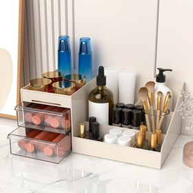 Resim Çoklu Bölümleri ve Çift Şeffaf Çekmeceli Büyük Kapasiteli Plastik Kozmetik Organizer Kutusu, Çok Katmanlı Masaüstü Depolama için Makyaj Fırçaları ve Aletleri, Toz Korumalı Ofis Malzemesi Tutucu, Kokusuz, Güçsüz 