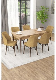 Resim Arel Meşe 80x132 Açılabilir Mdf Masa Yemek Odası Takımı, Mutfak Takımı 6 Adet Sandalye Meşe Masa - 6 Cappuccino - Meşe Ayak 