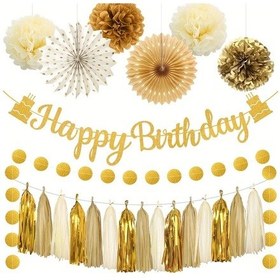 Resim Userfriendly11 Altın Rengi 9 Adet Doğum Günü Parti Süsleme Seti Bayrak Püskül Çiçek Topları Diğer 