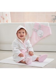 Resim 0-2 Yaş Gaye Kız Bebek Organik Pamuk Nakışlı 4 Parça Bornoz Seti Açık Pembe 