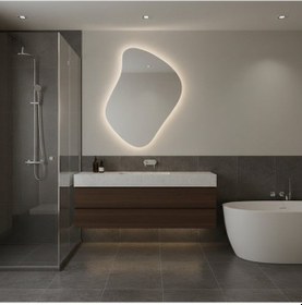 Resim 50x64 Cm Asimetrik Led Banyo Aynası Dokunmatik, Dim Edilebilir, 3000k Günışığı Modern Duvar Aynası Sarı 