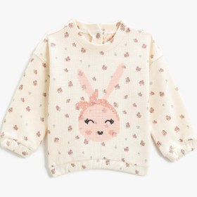 Resim Kız Bebek Tavşan Baskılı Sweatshirt Bisiklet Yaka Pamuklu 