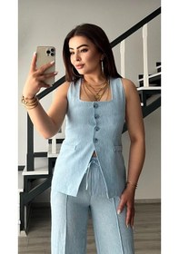 Resim Bebe Mavi Kare Yaka Bağlama Detaylı Yelek - Pantolon Takım Bebe Mavi 