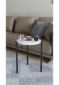 Resim 3'lü Yuvarlak Zigon Sehpa Seti Metal Ayaklı Salon Oturma Odası Yan Sehpa - Kahve Sehpası Beyaz 