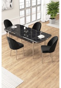 Resim Canisa Edaf Serisi 80x132 Açılabilir Siyah Mermer Desen Mutfak Masa Takımı 4 Siyah Sandalye Krom Detay Masa Siyah Mermer Desen Sandalye Siyah Krom Ayak 