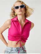 Resim Koton Crop Poplin Bluz Kolsuz Büzgülü Polo Yaka Fuşya 2sak60334pw 2SAK60334PW303 