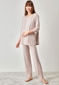 Resim Viskon emzirme detaylı lohusa pijama takımı - Pembe / M 