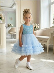 Resim Butikhappykids Kız Çocuk Mavi Payetli Volanlı Tüllü Prenses Abiye Elbise 1-6 Yaş Mavi 
