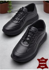 Resim 701 Tam Ortopedik Taban Hakiki Deri Erkek Ayakkabı Kadın Ayakkabı Kaymaz Taban Unisex Ayakkabı Lastikli Bağcık Siyah 