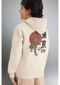 Resim Defacto Erkek Çocuk Kapüşonlu Sırt Baskılı İçi Yumuşak Tüylü Sweatshirt G5548a825cwbg74 Bej-bg74 
