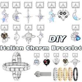Resim 1 adet Charm Bileklik Yapım Kiti - DIY İtalyan Charm Bileklik Modülü Kalp, Yıldız, Ay ve Daha Fazlası ile - Çok Yönlü ve Özelleştirilebilir Paslanmaz Çelik Takı Doğum Günleri, Yıldönümleri ve Yeni Yıl Hediyeleri için (Tek Birim Montajsız) 