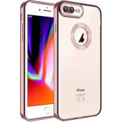 Resim M.TK Moveteck Apple iPhone 7 / 8 Plus Kılıf Kamera Lens Korumalı Logo Gösterir Parlak Halkalı Arkası Şeffaf 
