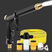 Resim Bu sette yüksek basınçlı araba yıkama tabancası ile birlikte foam tabancası, ayarlanabilir 360° nozul, ergonomik sızdırmaz tasarım ve silikon malzeme içerir. 5.0/10.0/15.0/20.0 metre uzunluğunda hortumlar ve üç adaptör ile birlikte foam şişesi, araba yıkama, bitki sulama, ev temizliği ve evcil hayvan yıkama için uygun, çoklu modlar sunar, pil gerektirmez. 