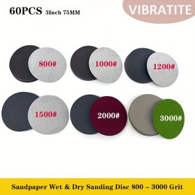 Resim 60 adet 3 inç 75 mm paslanmaz disk seti 800-3000 taneli silikon karbür su geçirmez kuru ve ıslak kendinden yapışkanlı paslanmaz disk paslanmaz disk cilalama araçları 