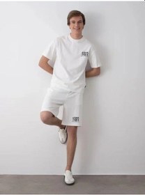 Resim Erkek Çocuk 1983 Yazılı Pamuklu Oversize T-shirt Şortlu Takım-15797 Ekru 
