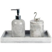 Resim MIARIK DESIGN & DEKORASYON Dekoratif Gri Mermer Gümüş Kuğu Detaylı Dikdortgen Tepsı 3 Lu Banyo Seti Takımı 