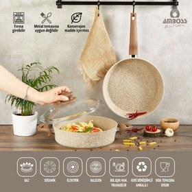 Resim Amboss Flare 3 Parça Granit Ezme Tencere & Tava Seti Silikon Kulplu - Cappucıno 