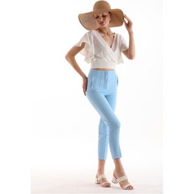 Resim Yüksek Bel Pileli Filota Cep Görünümlü Dabıl Kumaş Pantolon Mavi 