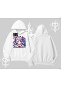 Resim Kapşonlu Sweatshirt Hello Anime Kız Sevimli Karakter Baskılı Beyaz 