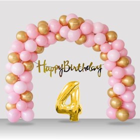 Resim 4 Yaş Retro Gold Pembe Balon Happy Birthday Banner Gold Rakam Doğum Günü Süsleme Çok Renkli 