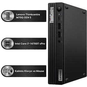 Resim Lenovo Thinkcentre M70Q Gen 5 Intel Core I7-14700T 32GB 512GB SSD Freedos Mini Masaüstü Bilgisayar 12TESH46TX 001 
