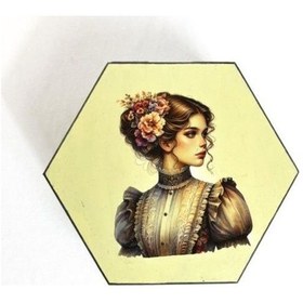 Resim Uretti - Hülya 6683 2552 El Yapımı Nostaljik Retro Kız Baskılı Altıgen Ahşap Dekoratif Saklama / Takı Kutusu Yeşil 