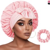 Resim 2 Adet Saten Saç Bone ve Scrunchie Seti, Polyester Kokusuz Uyku Şapkaları Bağcıkları ile, Şık Büyük Püsküllü Tasarım, Uyku için Eşleşen Saç Scrunchie ile 