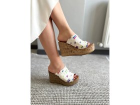 Resim Asmi Shoes Kadın Limo Beyaz Kot Dolgulu Mantar Taban Terlik 10 cm Beyaz 
