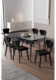 Resim Canisa Exve Serisi 80x132 Açılabilir Siyah Mermer Desen Masa Takımı Ve 6 Siyah Sandalye Masa Siyah Mermer Desen Sandalye Siyah 
