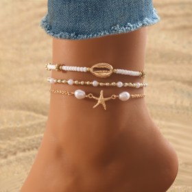 Resim 3'lü Set Vintage Pirinç Boncuklu Çok Katmanlı Ayak Bileği Zinciri, Deniz Elementleri Yıldız Balığı ve Kabuk Şekilli Kolye, Kadınlar için Bohem Plaj Tatili Halhal, Seksi Yaz Tatili Bikinisi, Parti Takısı 