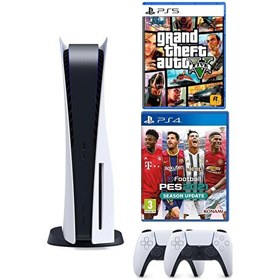 Resim Sony Playstation 5 Diskli Oyun Konsolu + 2. Dualsense Kol + Pes 2021 + GTA 5 PS5 Oyun (İthalatçı Garantili) 