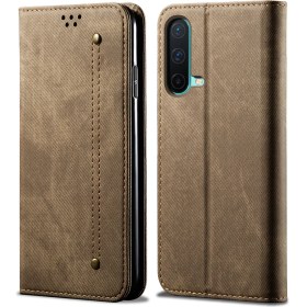 Resim Eabhulie Oneplus Nord Ce 5g Için Retro Kot Deri Flip Cüzdan Standlı Kılıf Kapaklı - Haki (Yurt Dışından) 