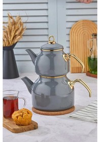 Resim Emaye Özel Tasarım Yapışmaz Yüzey Büyük Boy Demlik Seti Emaye Çaydanlık Üst 1.4 L Alt 2.6 L Gri 