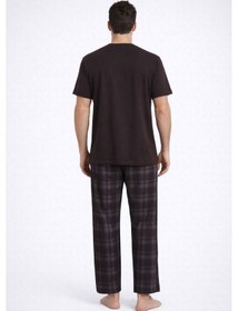 Resim Erkek Pamuklu Üst Füme Göğüs Cepli Kısa Kollu Pijama Takımı Ke30304 Kahverengi 