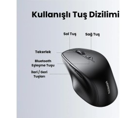 Resim UGREEN Ergonomik Sessiz Çift Modlu Bluetooth & Wireless Kablosuz Mouse, Siyah, 90395 