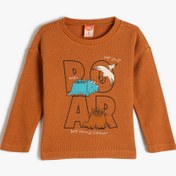 Resim Erkek Bebek Sweatshirt Dinozor Baskılı Bisiklet Yaka Uzun Kollu Dokulu Pamuklu 