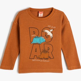 Resim Erkek Bebek Sweatshirt Dinozor Baskılı Bisiklet Yaka Uzun Kollu Dokulu Pamuklu 