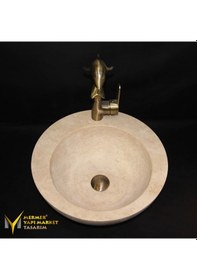 Resim Traverten Batarya Çıkışlı Yuvarlak Tasarım Lavabo 