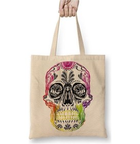 Resim Toyaso Mexicana Psicodelica Skull Kuru Kafa Bez Çanta Uzun Saplı Alışveriş Çantası Plaj Çantası Beyaz 