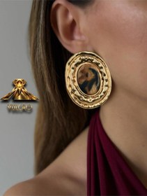 Resim Gold Plaka Oval Taşlı Küpe Çok Renkli 